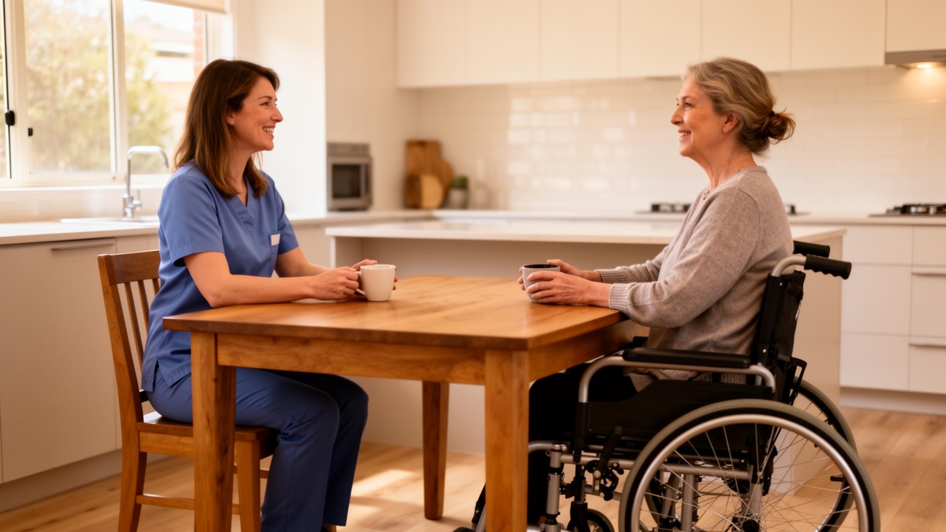 A support worker sharing a cup of tea with a participant in a sunlit living room